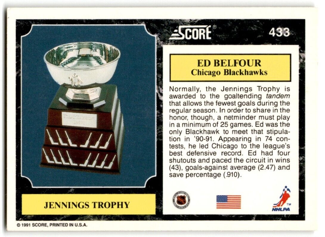 1991-92 Score American Ed Belfour (Jennings Trophy) Chicago Blackhawks #433