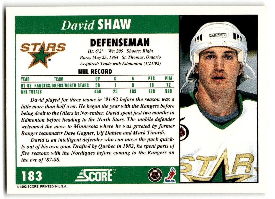 1992-93 Score David Shaw Minnesota North Stars #183