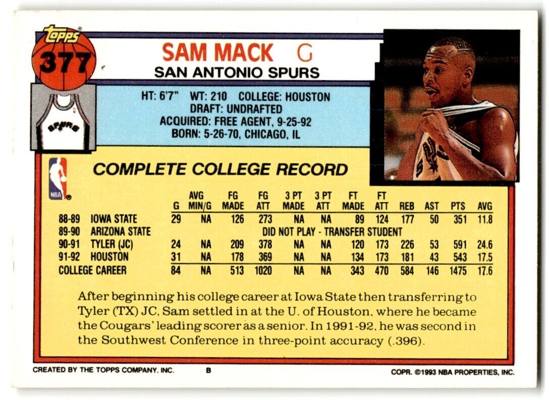 1992-93 Topps Sam Mack Rookie San Antonio Spurs #377