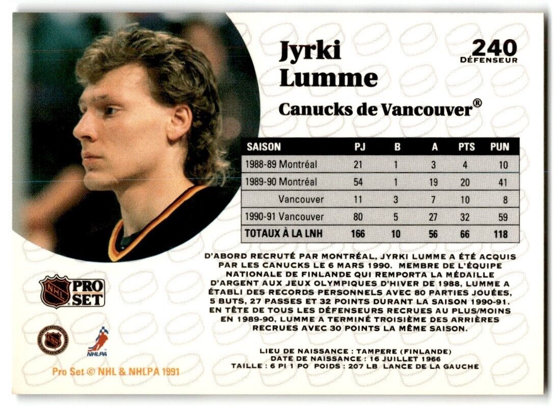 1991-92 Pro Set French Jyrki Lumme Vancouver Canucks #240