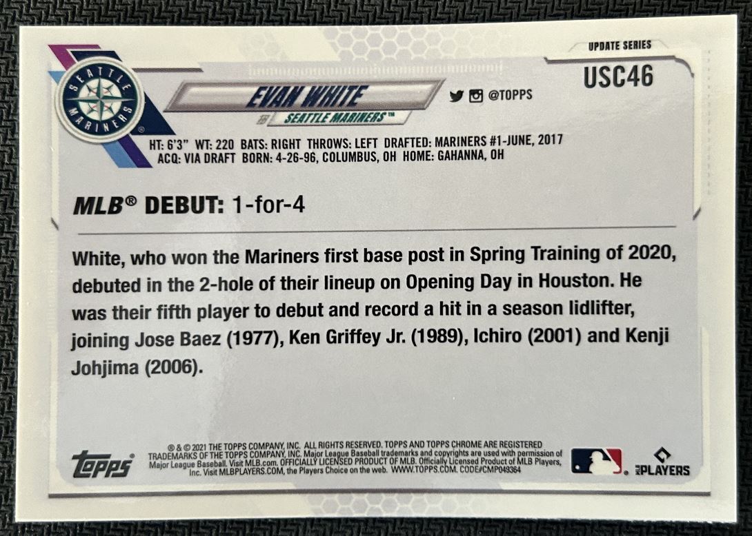 2021 Topps Chrome Update Evan White Seattle Mariners #USC46