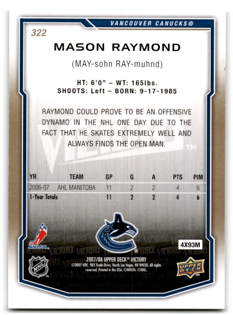 2007-08 Upper Deck Victory Mason Raymond Rookie Vancouver Canucks #322