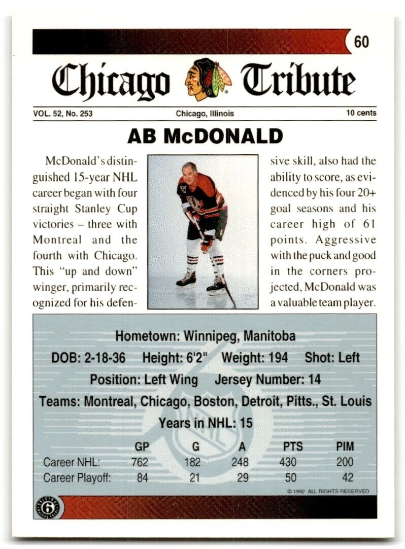 1991-92 Ultimate Original 6 French Ab McDonald Chicago Blackhawks #60