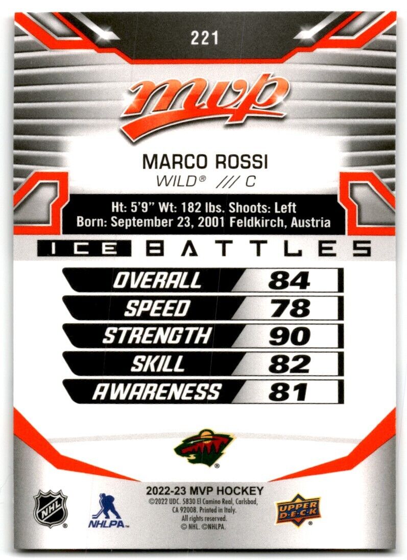 2022-23 Upper Deck MVP Ice Battles Marco Rossi Rookie Minnesota Wild #221