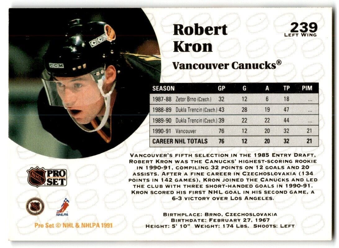 1991-92 Pro Set Robert Kron Vancouver Canucks #239