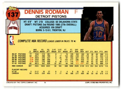 1992-93 Topps Dennis Rodman Detroit Pistons #137