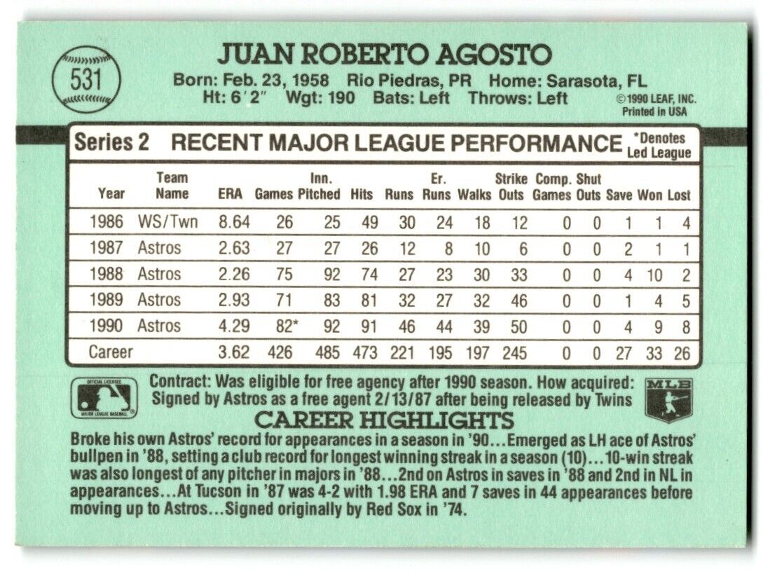 1991 Donruss Juan Agosto Houston Astros #531