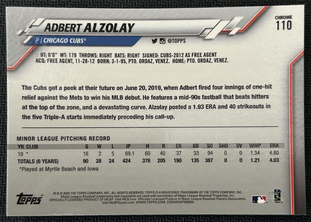 2020 Topps Chrome Adbert Alzolay Rookie Chicago Cubs #110