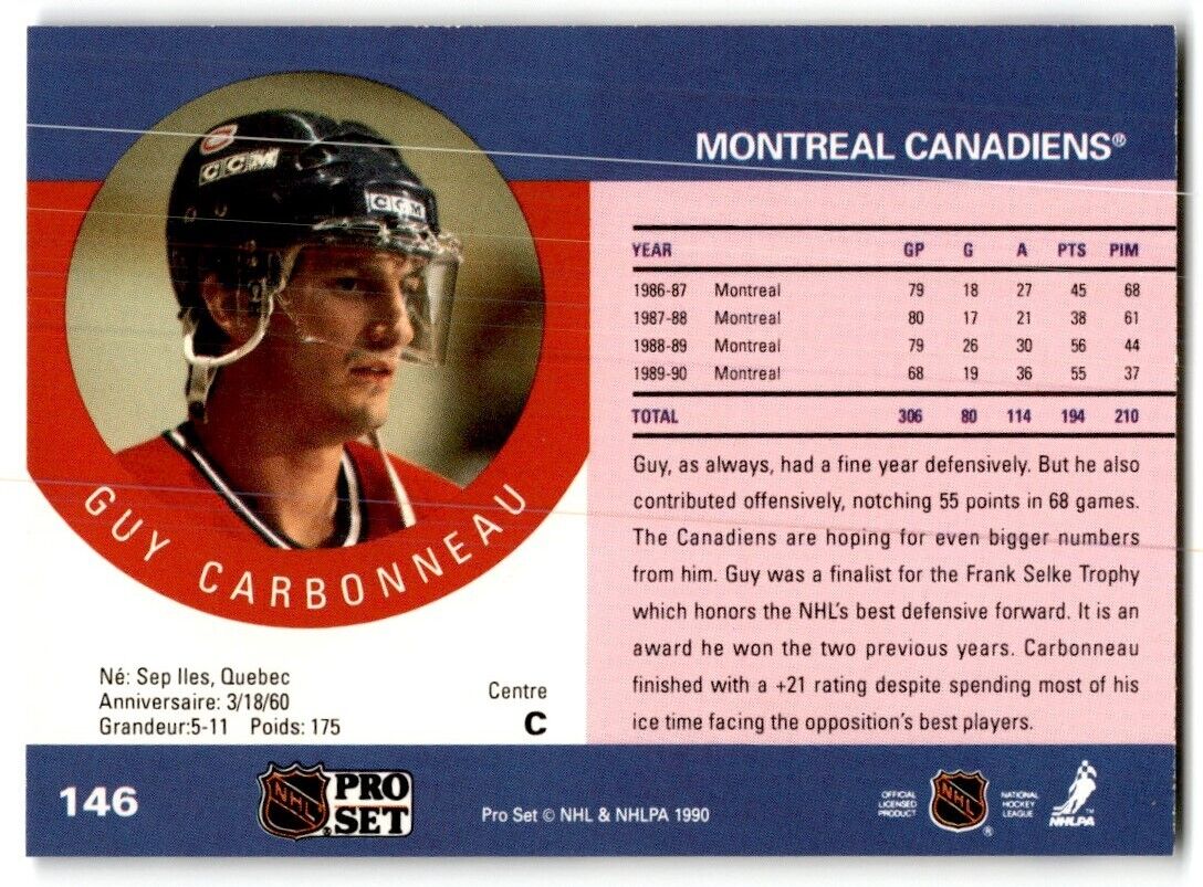 1990-91 Pro Set Guy Carbonneau Montreal Canadiens #146