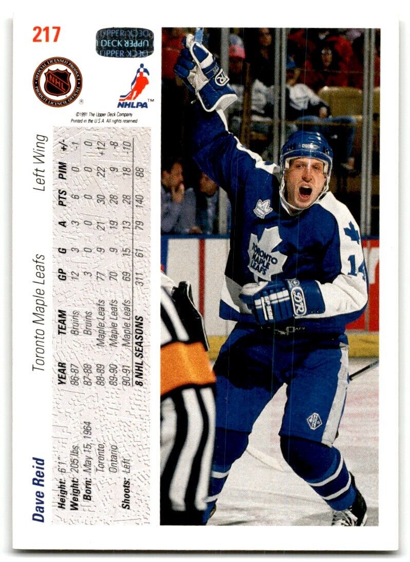 1991-92 Upper Deck Dave Reid Toronto Maple Leafs #217