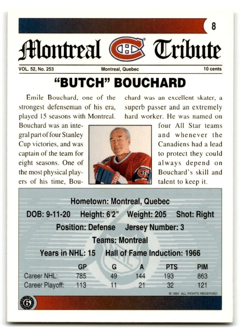 1991-92 Ultimate Original 6 Emile Bouchard Montreal Canadiens #8