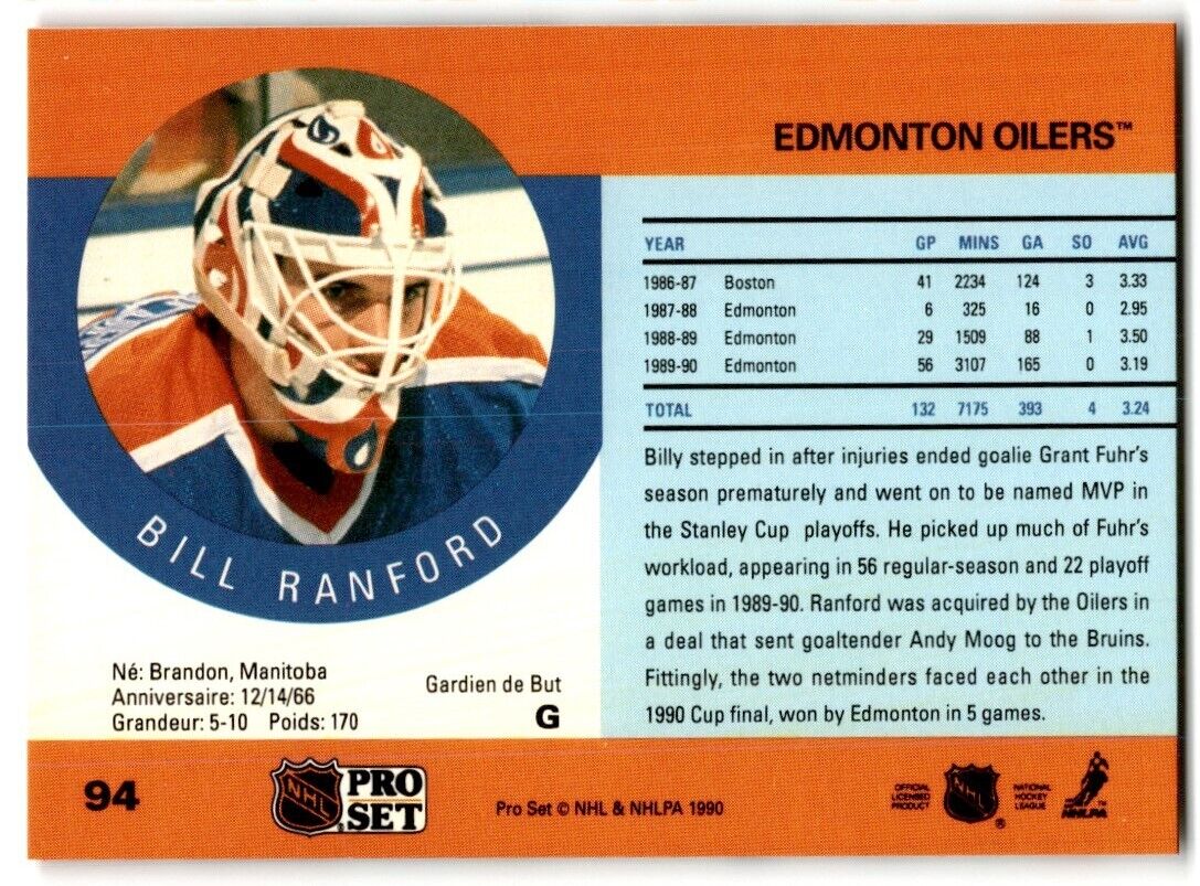 1990-91 Pro Set Bill Ranford Edmonton Oilers #94