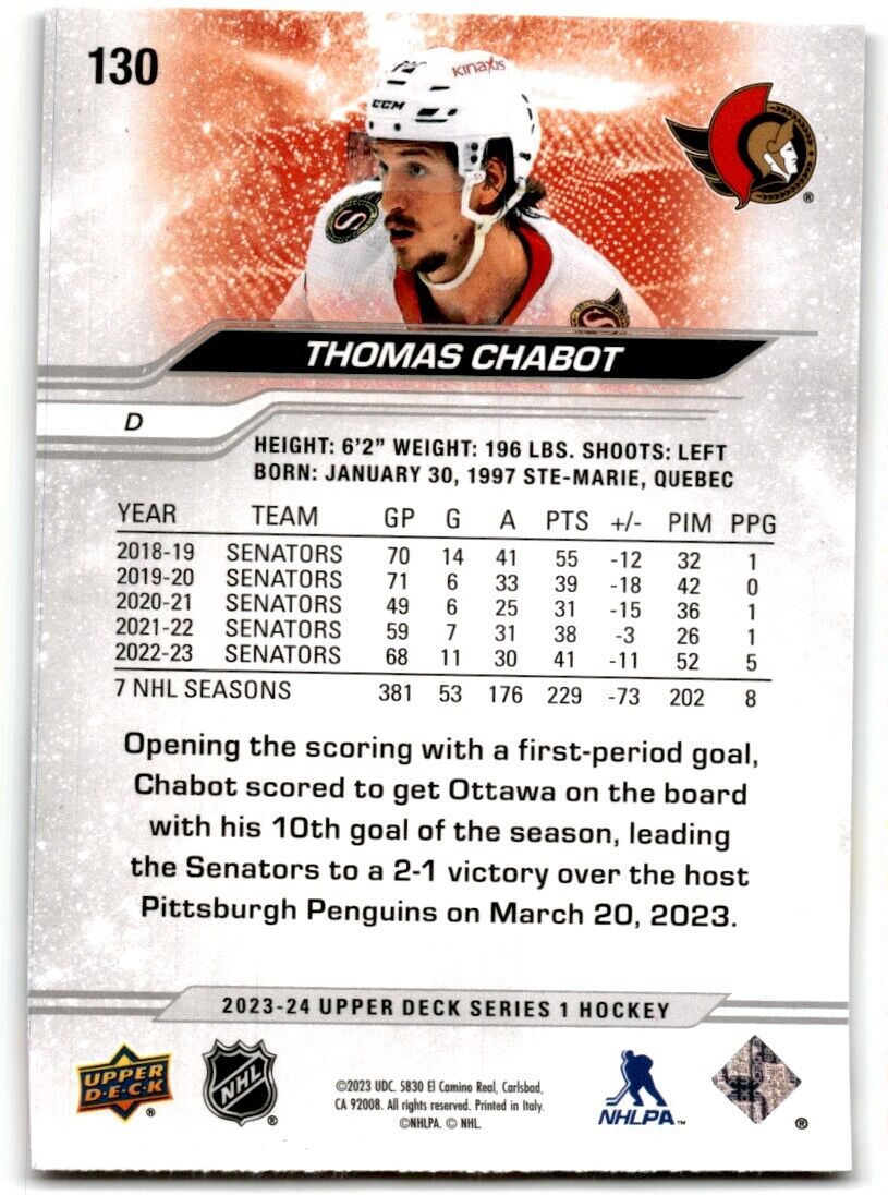 2023-24 Upper Deck Thomas Chabot Ottawa Senators #130