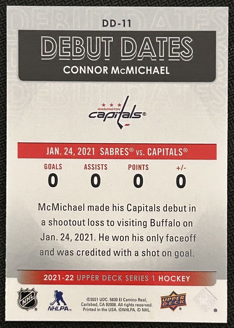 2021-22 Upper Deck Debut Dates Connor McMichael Rookie Washington Capitals