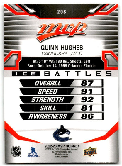 2022-23 Upper Deck MVP Ice Battles Quinn Hughes Vancouver Canucks #208