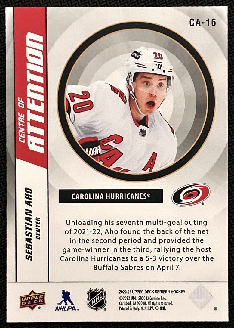 2022-23 Upper Deck Centre of Attention Sebastian Aho Carolina Hurricanes #CA-16