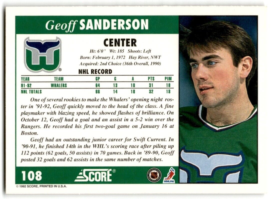 1992-93 Score Geoff Sanderson Hartford Whalers #108