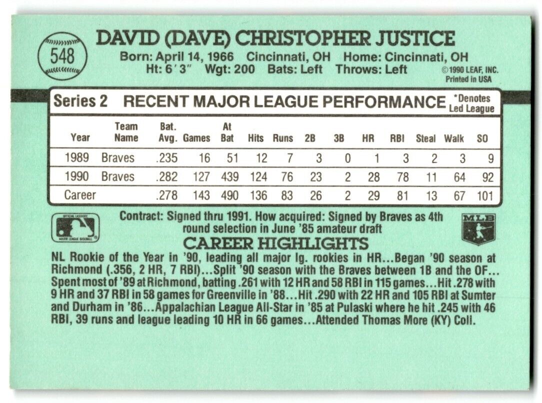 1990 Donruss Dave Justice Brooklyn Atlantics #548