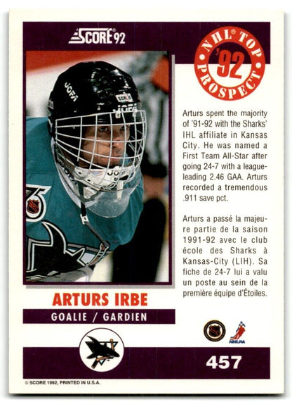 1992-93 Score Canadian Arturs Irbe San Jose Sharks #457