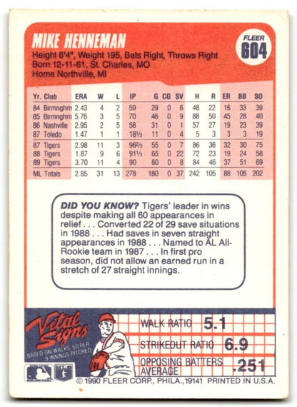 1990 Fleer Mike Henneman Detroit Tigers #604