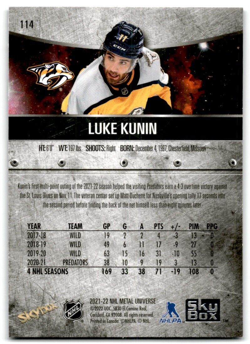 2021-22 Skybox Metal Universe Luke Kunin Nashville Predators #114