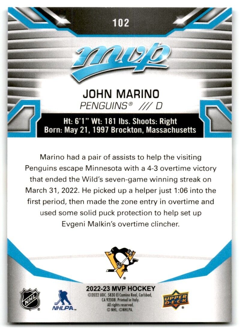 2022-23 Upper Deck MVP John Marino Pittsburgh Penguins #102