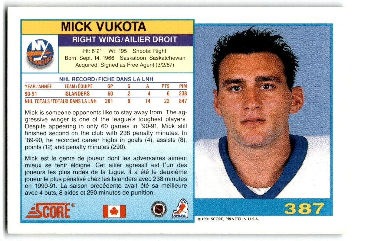 1991-92 Score Canadian Mick Vukota New York Islanders #387