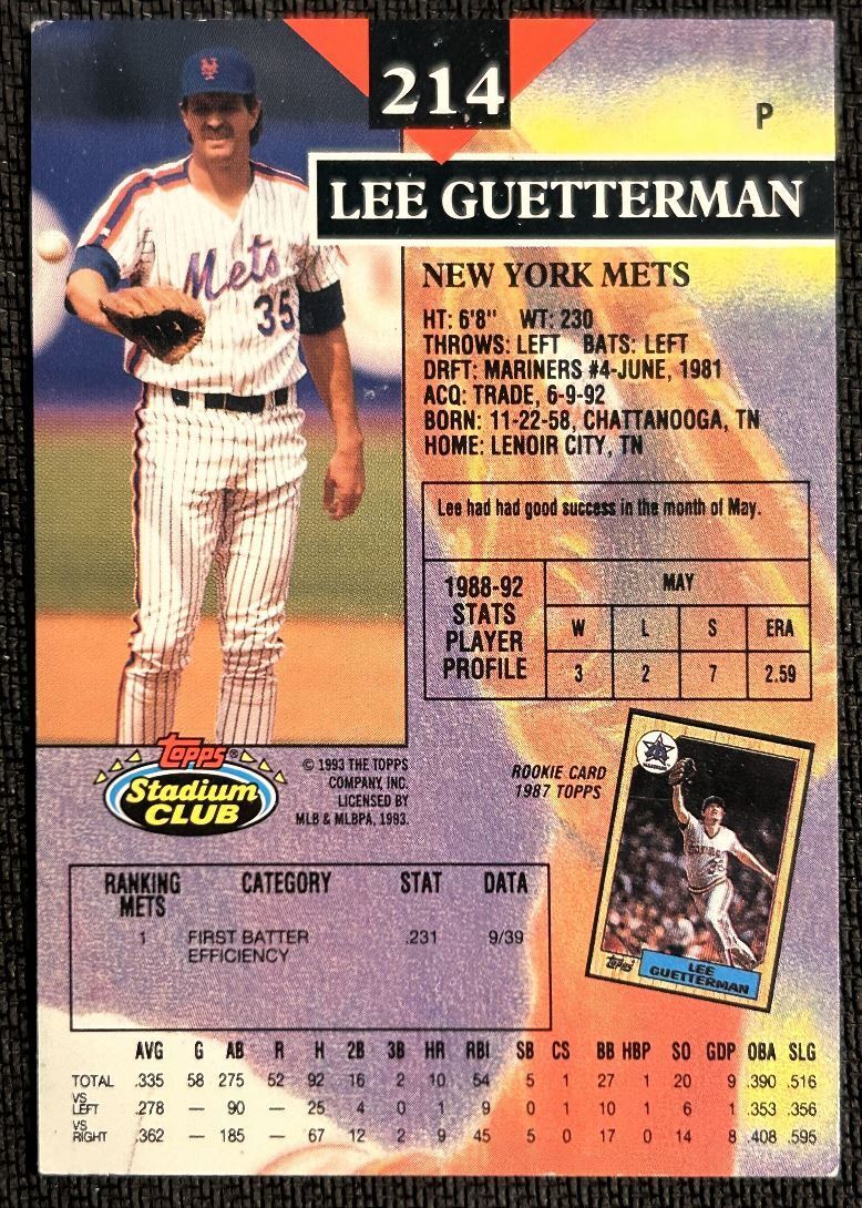 1993 Topps Stadium Club Lee Guetterman New York Mets #214