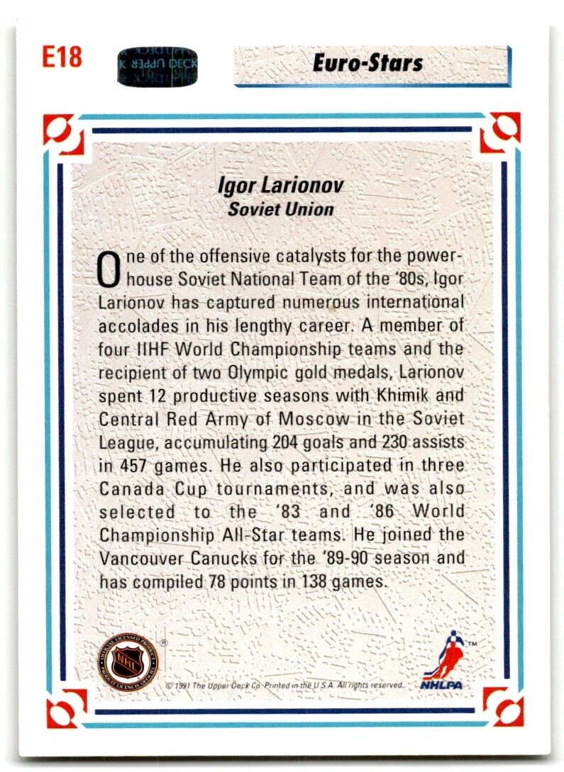 1992-93 Upper Deck Euro-Stars Igor Larionov Vancouver Canucks #E18