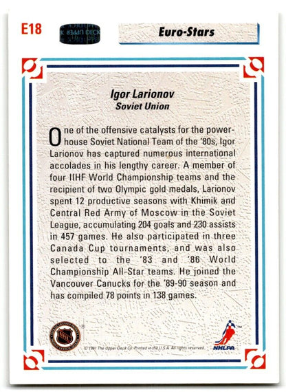 1992-93 Upper Deck Euro-Stars Igor Larionov Vancouver Canucks #E18