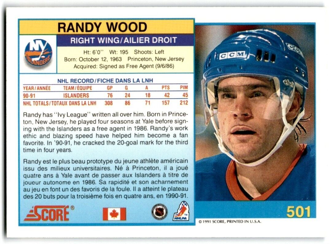 1991-92 Score Canadian Bilingual Randy Wood New York Islanders #501