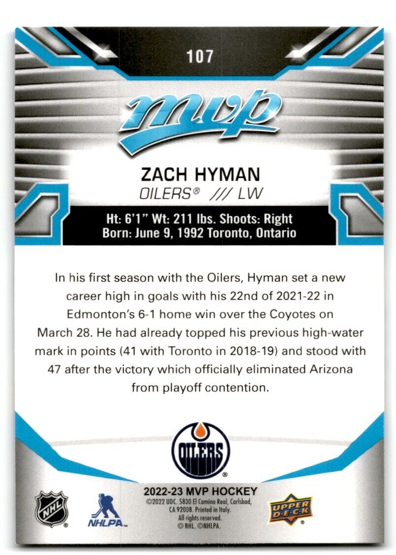 2022-23 Upper Deck MVP Zach Hyman Edmonton Oilers #107