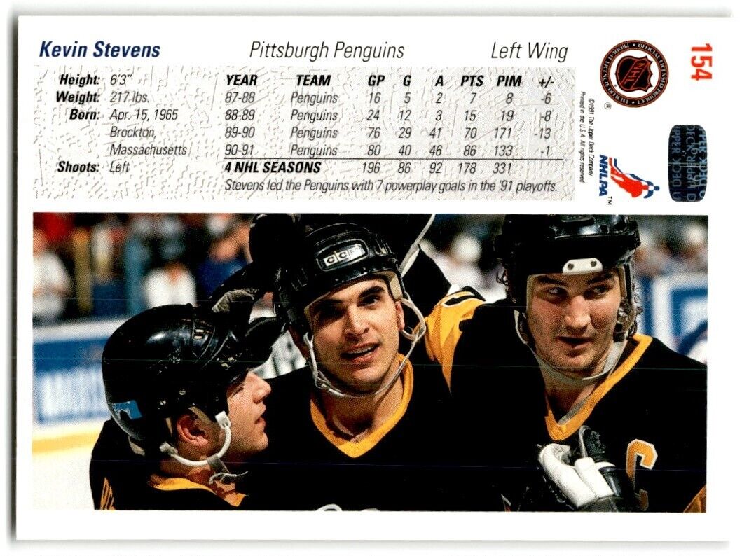 1991-92 Upper Deck Kevin Stevens Pittsburgh Penguins #154