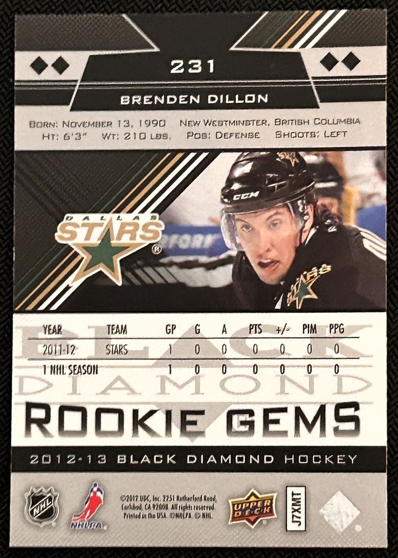 2012-13 Upper Deck Black Diamond Brenden Dillon Rookie Dallas Stars #231