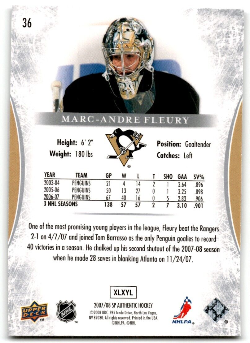 2007-08 SP Authentic Marc-Andre Fleury Pittsburgh Penguins #36