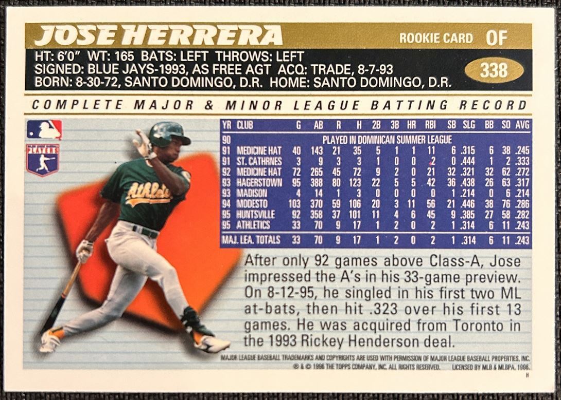 1996 Topps Jose Herrera Oakland Athletics #338