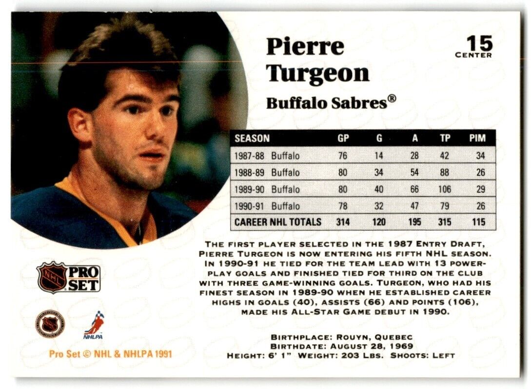 1991-92 Pro Set Pierre Turgeon Buffalo Sabres #15