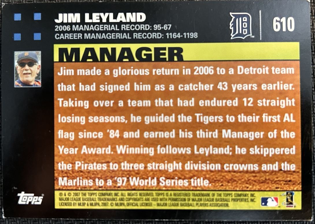 2007 Topps Jim Leyland Detroit Tigers #610