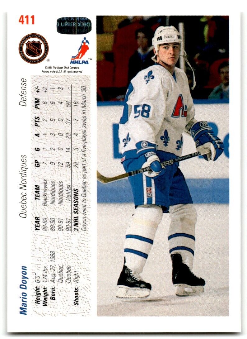 1991-92 Upper Deck Mario Doyon Rookie Quebec Nordiques #411