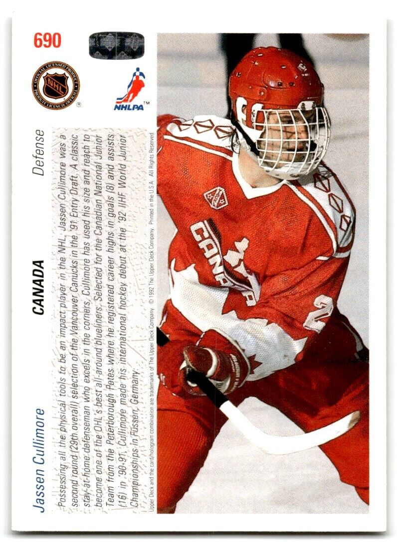 1991-92 Upper Deck Jassen Cullimore Rookie Canada #690