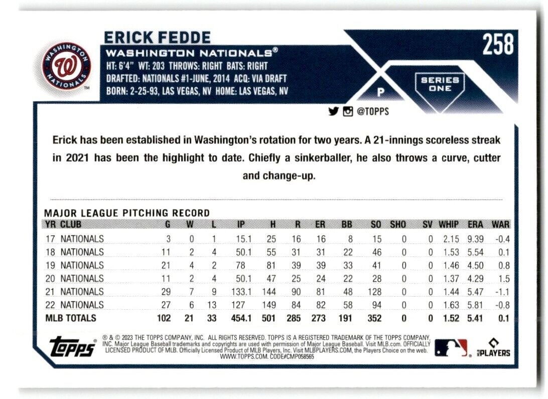 2023 Topps Erick Fedde Washington Nationals #258