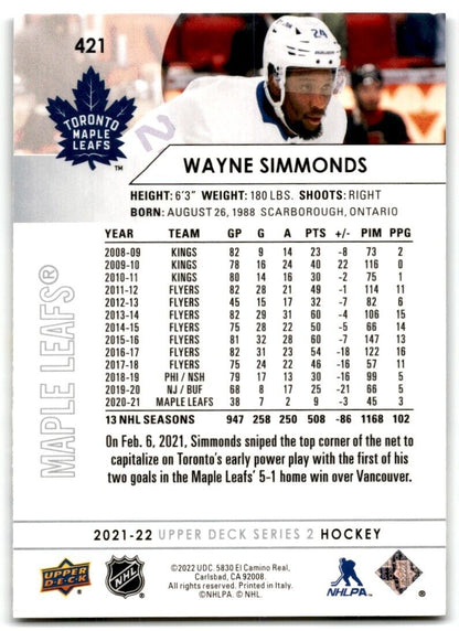 2021-22 Upper Deck Wayne Simmonds Toronto Maple Leafs #421