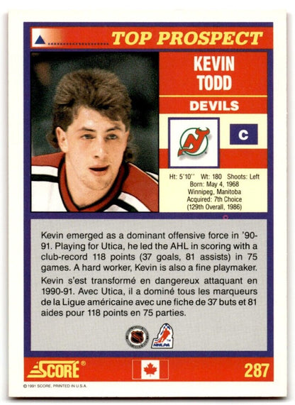 1991-92 Score Canadian Bilingual Kevin Todd Rookie New Jersey Devils #287