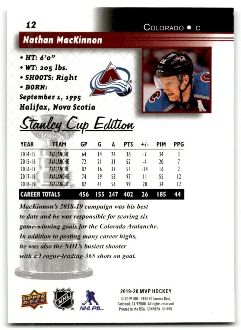 2019-20 Upper Deck MVP Stanley Cup Edition Nathan MacKinnon Colorado Avalanche