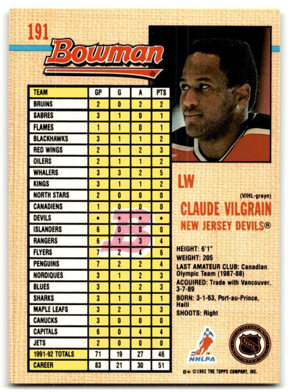 1992-93 Bowman Claude Vilgrain New Jersey Devils #191