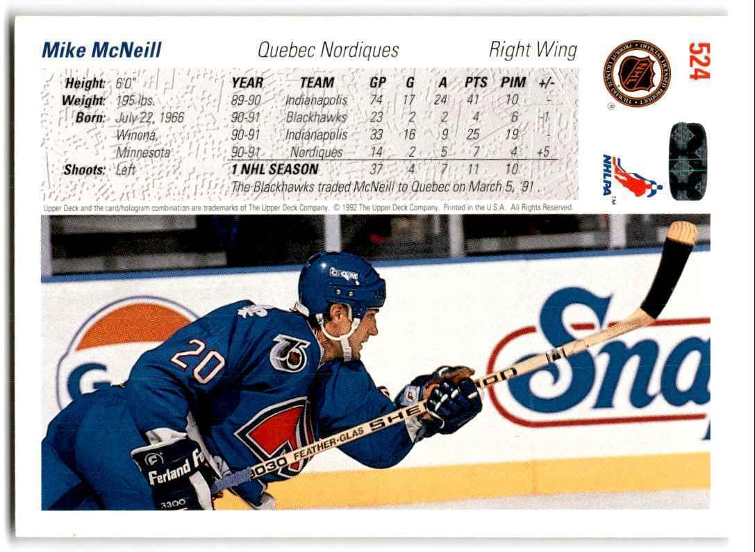 1991-92 Upper Deck Mike McNeill Quebec Nordiques #524