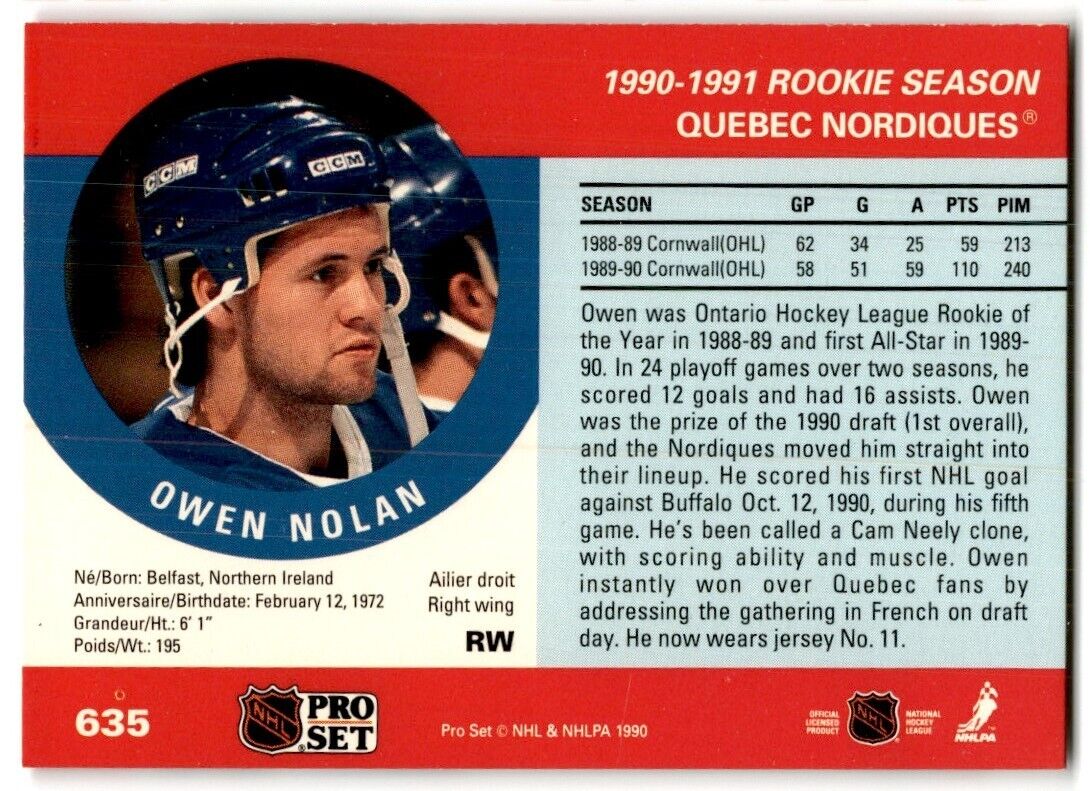 1990-91 Pro Set Owen Nolan Rookie Quebec Nordiques #635