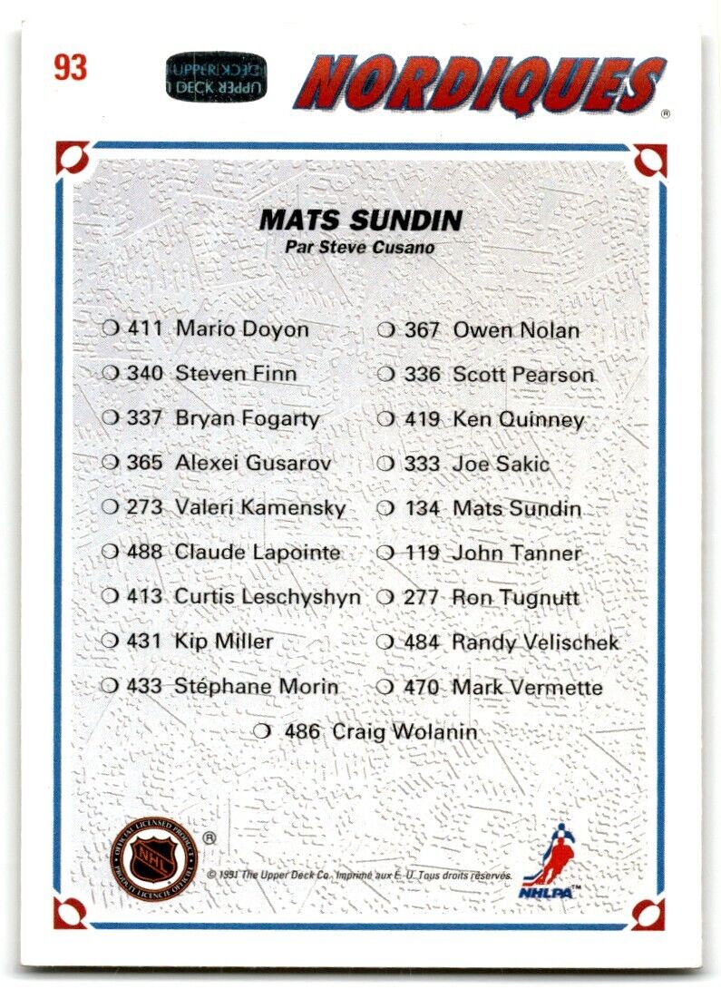 1991-92 Upper Deck Collector's choice Mats Sundin Quebec Nordiques #93