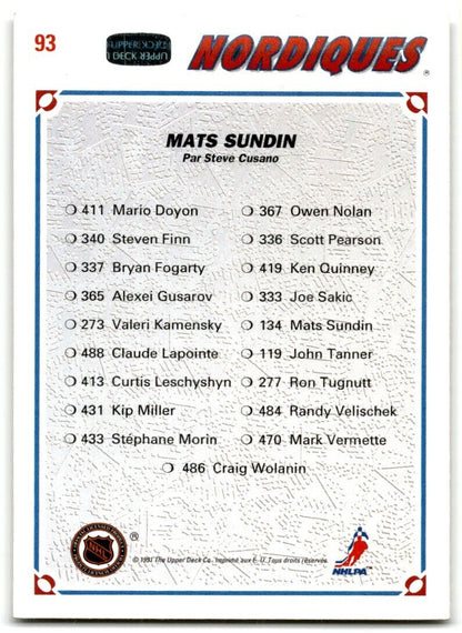 1991-92 Upper Deck Collector's choice Mats Sundin Quebec Nordiques #93