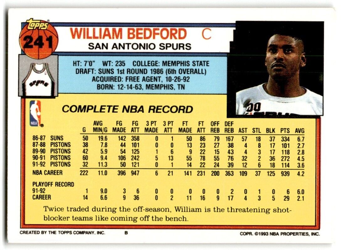 1992-93 Topps William Bedford San Antonio Spurs #241